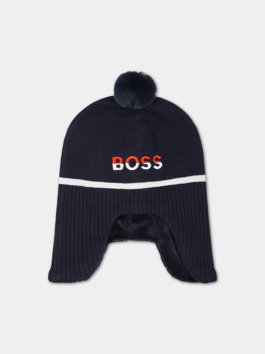 Berretto blu  per neonato con pon-pon,Boss,J91149 849