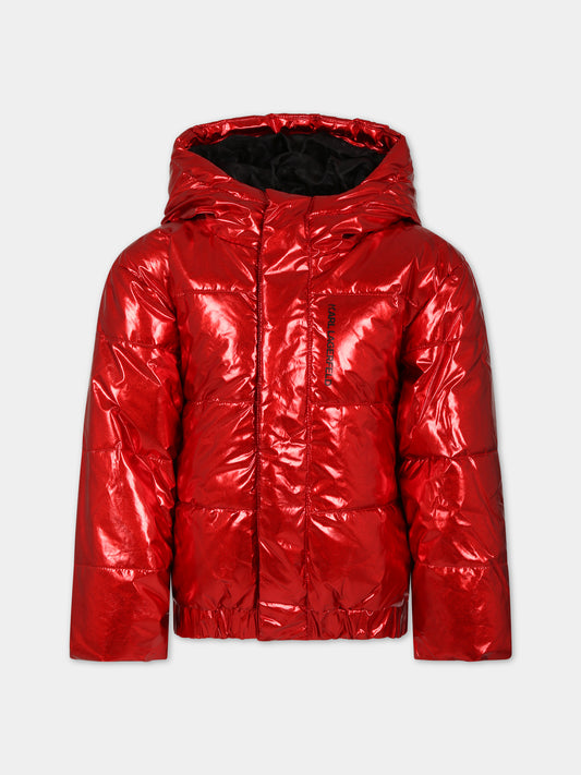 Piumino rosso per bambina con cappuccio e logo,Karl Lagerfeld Kids,Z16165 97S