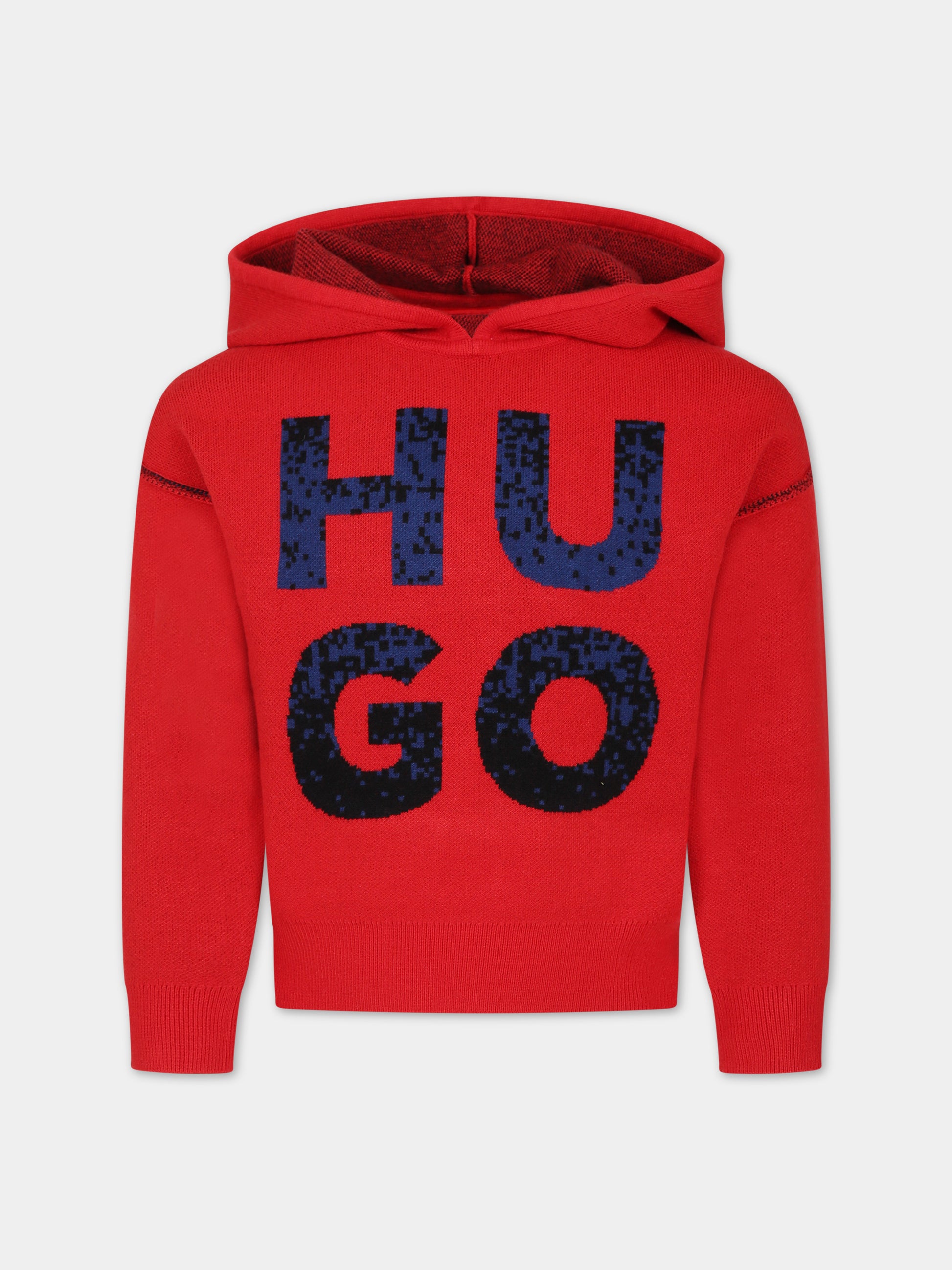 Felpa rossa per bambino con cappuccio e logo,Hugo,G25149 990