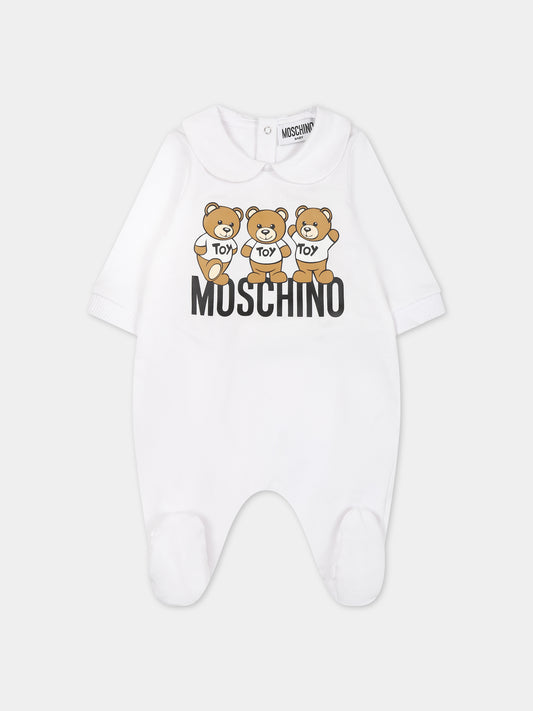 Tutina bianca per neonati con Teddy Bears e logo,Moschino Kids,MWY037 LCA60 10101