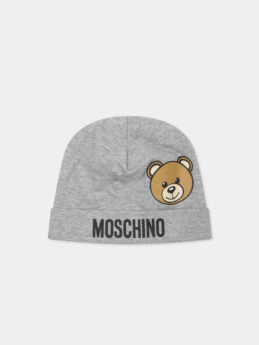 Grey hat for baby kids with Teddy Bear and logo