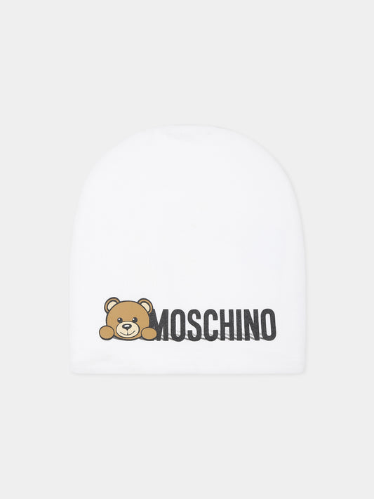 Berretto bianco per neonati con Teddy Bear e logo,Moschino Kids,MOX03N LDA17 10101