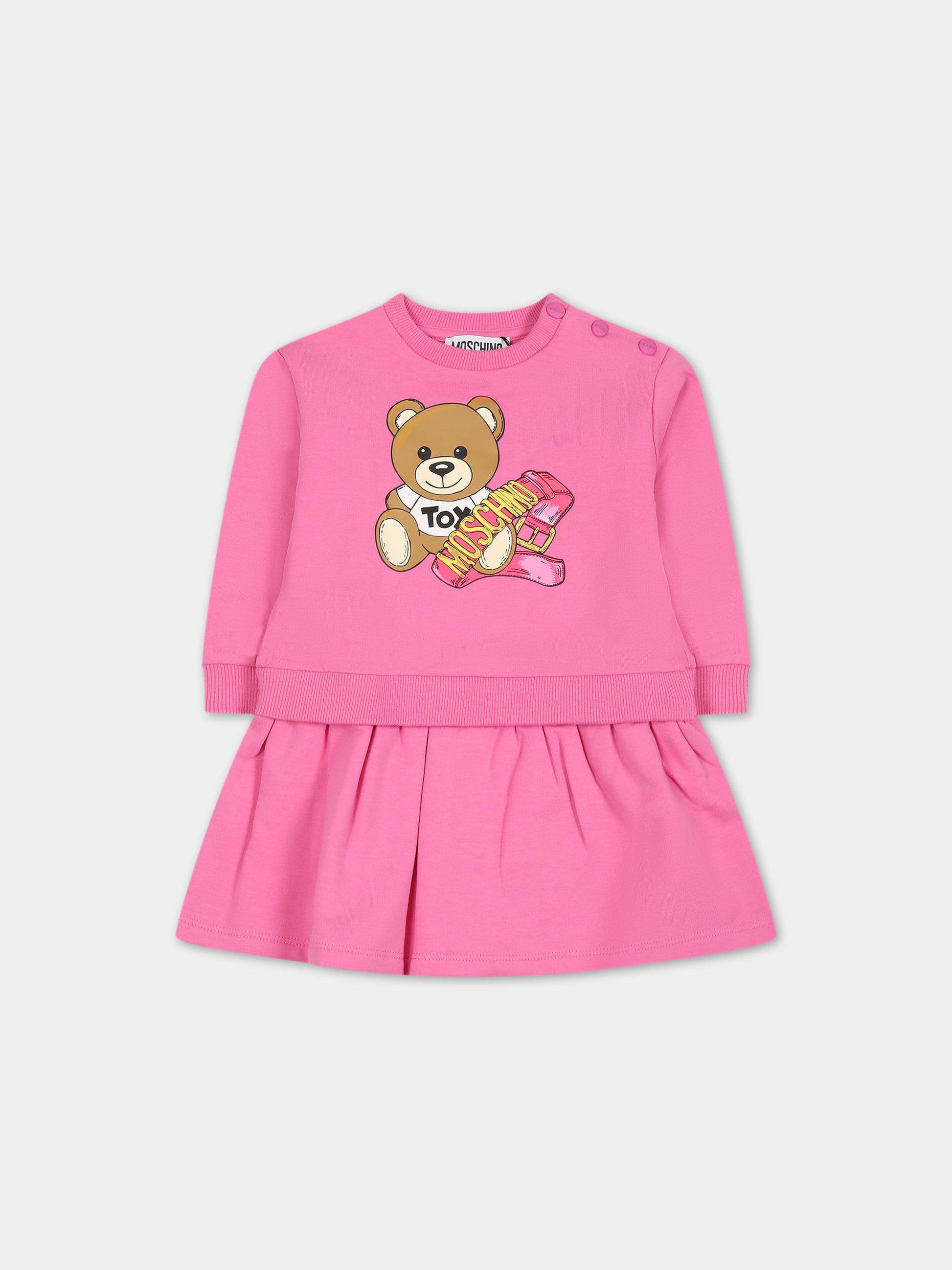 Vestito fucsia per neonata con Teddy Bear e logo,Moschino Kids,MBV08K LDA16 52458