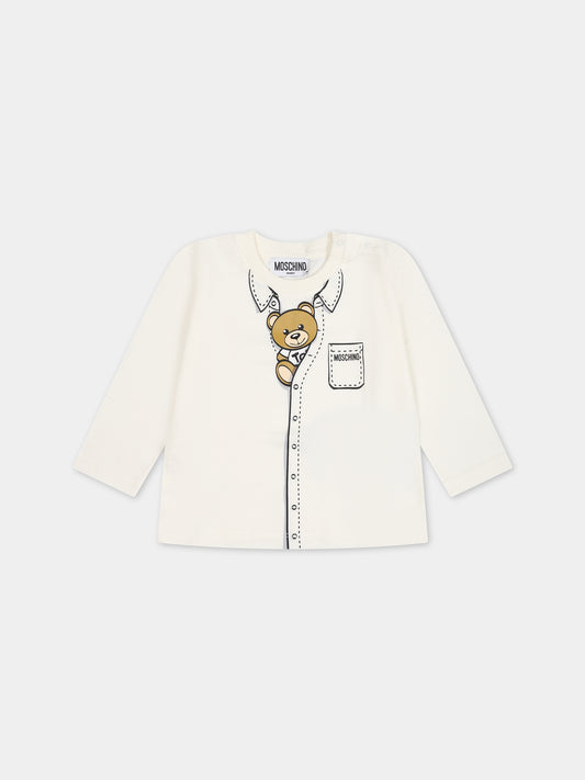 T-shirt bianca per neonato con Teddy Bear e logo,Moschino Kids,MWO00D LAA20 10063