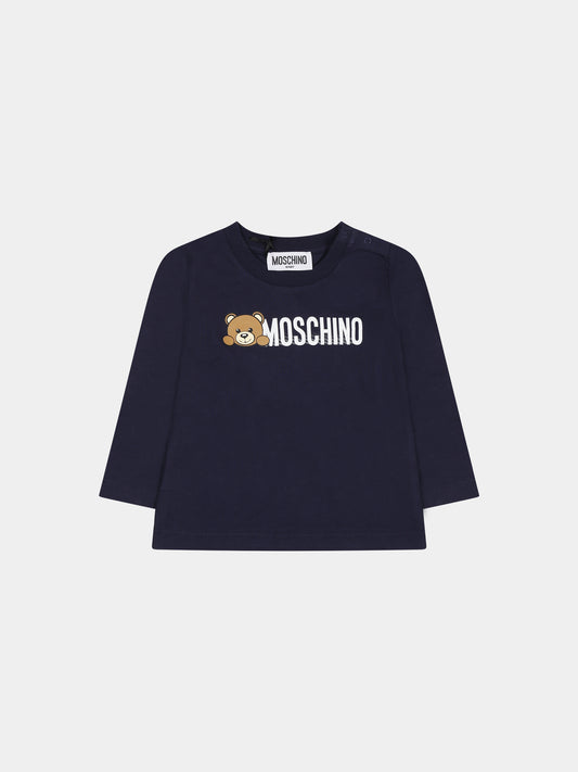 T-shirt blu per neonati con Teddy Bear e logo,Moschino Kids,MTO00D LAA01 40016