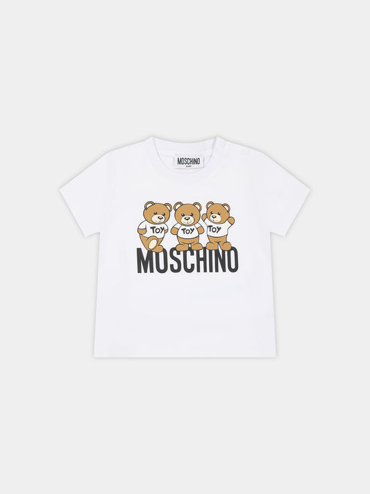 T-shirt bianca per neonati con Teddy Bears e logo,Moschino Kids,MUM03N LAA10 10101