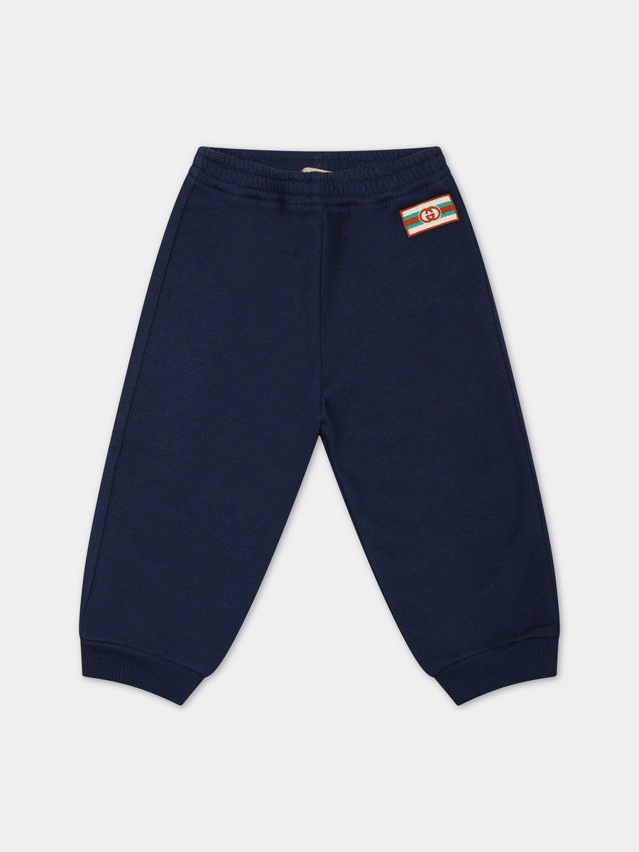 Pantaloni blu per neonato con doppia G,Gucci Kids,749651 XJFOO 4696