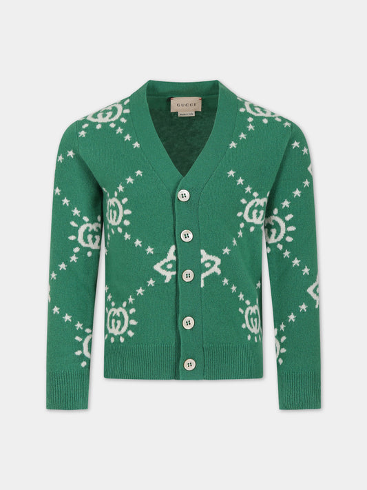 Cardigan verde per bambino con logo e ufo,Gucci Kids,748025 XKDAC 3523