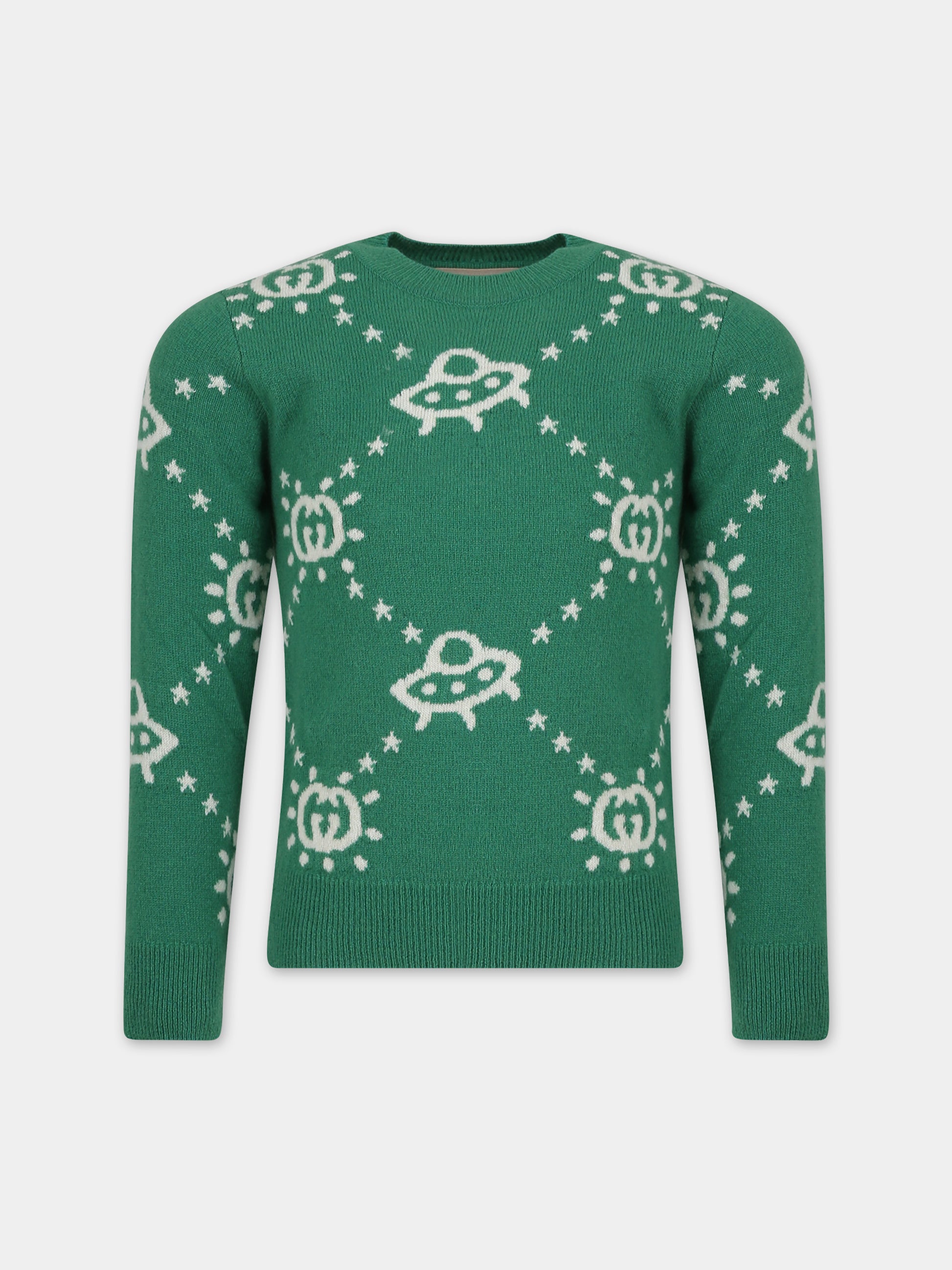 Maglione verde per bambino con Ufo e GG,Gucci Kids,748068 XKDAC 3523