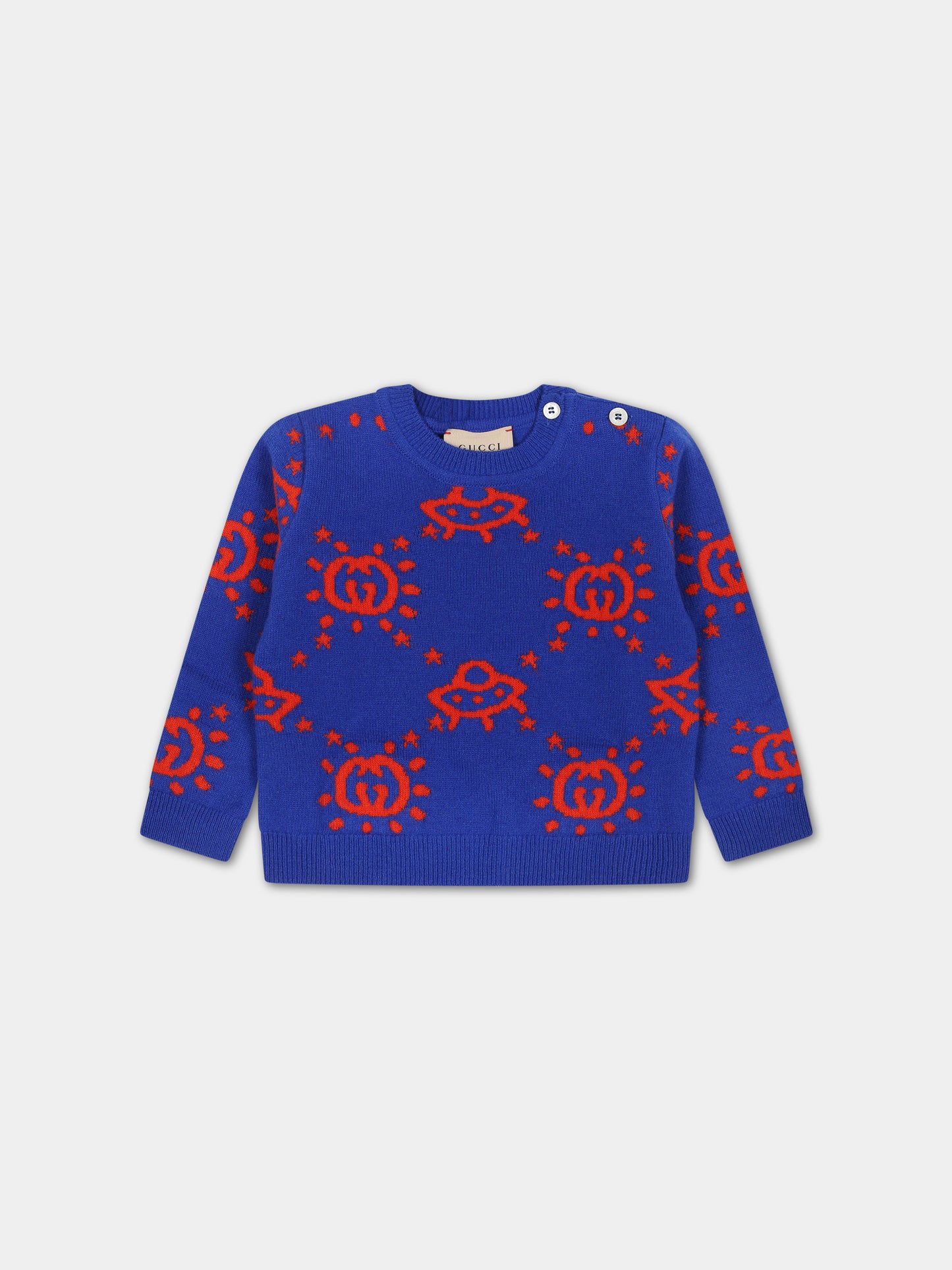 Maglione blu con Ufo e GG per neonato,Gucci Kids,748126 XKDAD 4661