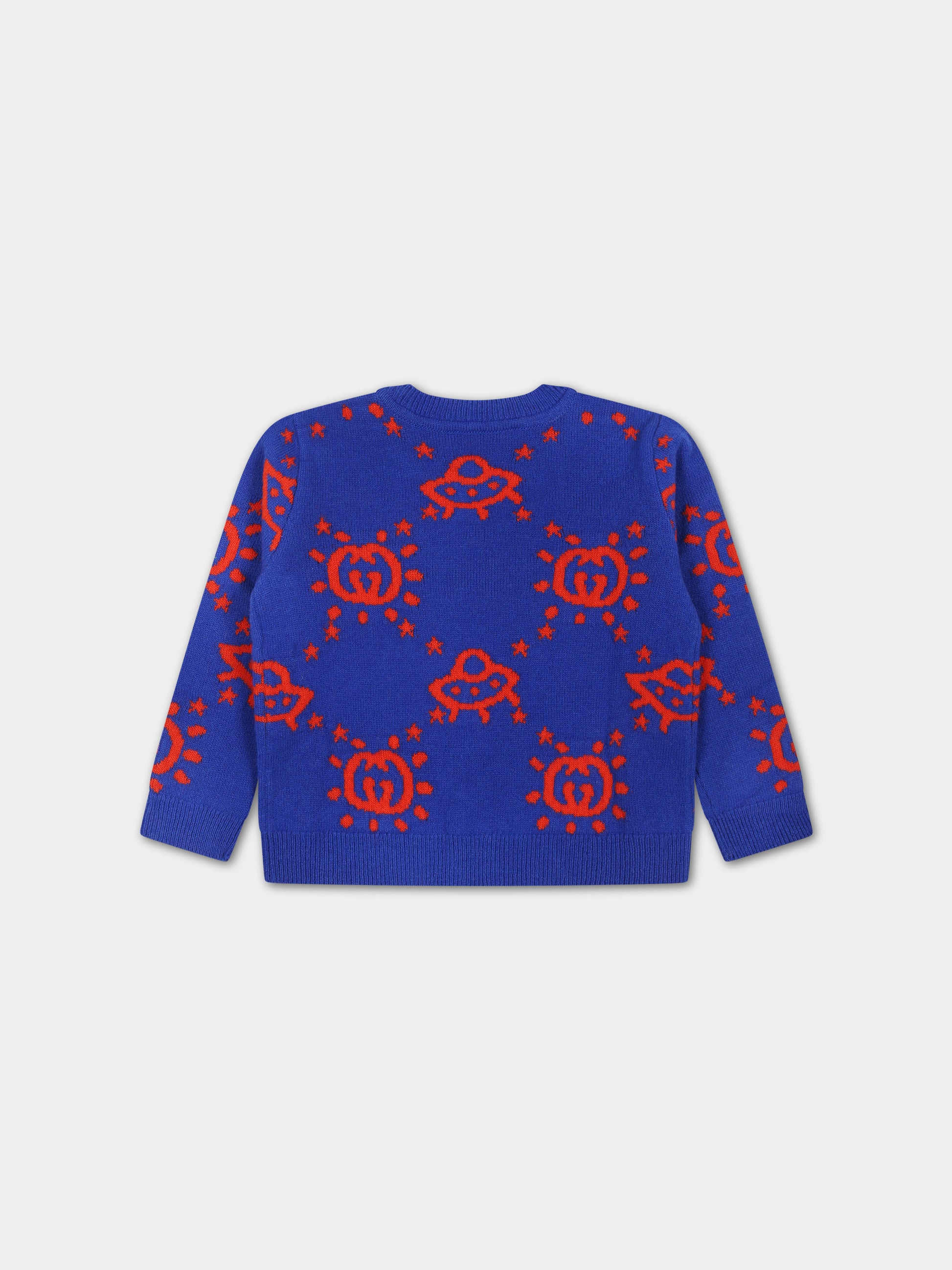 Maglione blu con Ufo e GG per neonato,Gucci Kids,748126 XKDAD 4661