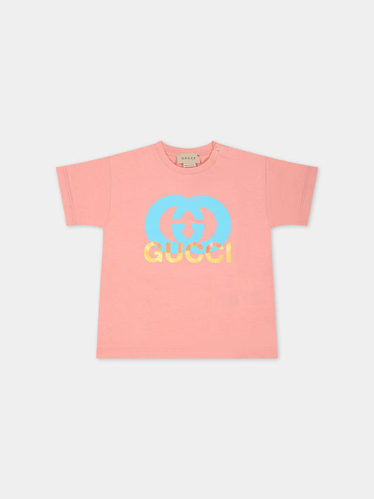 T-shirt rosa per neonata con incrocio GG,Gucci Kids,576871 XJFMX 5339