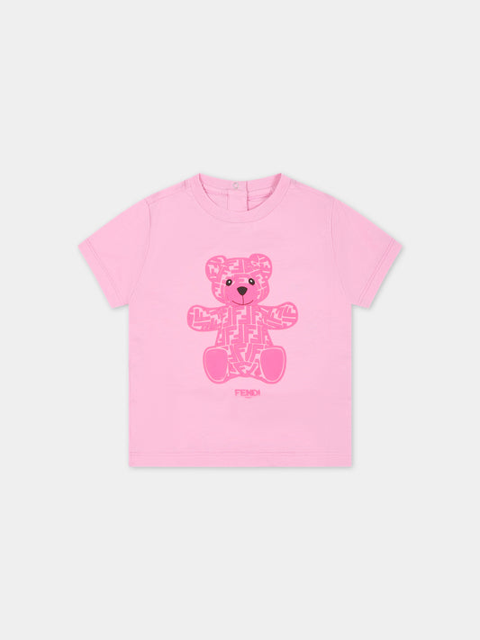 T-shirt rosa per neonata con orsetto Fendi,Fendi Kids,BUI069 7AJ F0U0J