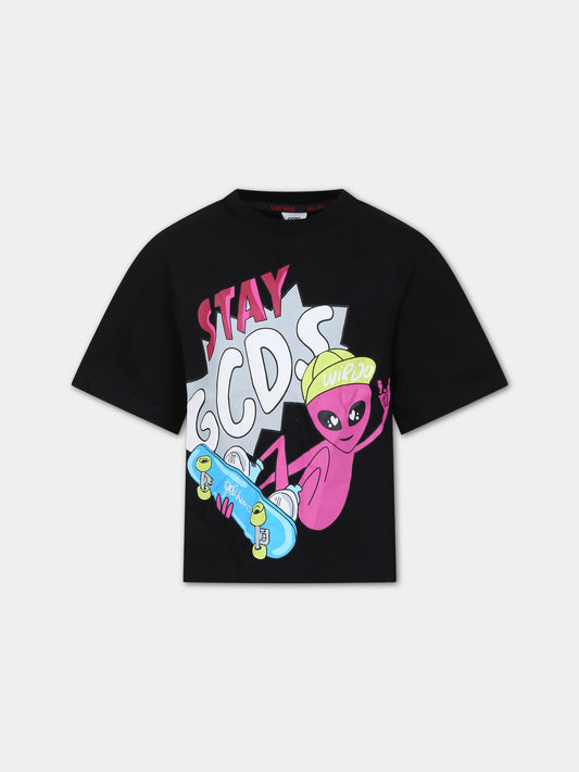 T-shirt nera per bambino con stampa alieno e logo,Gcds Kids,DWM002 LAA10 60100