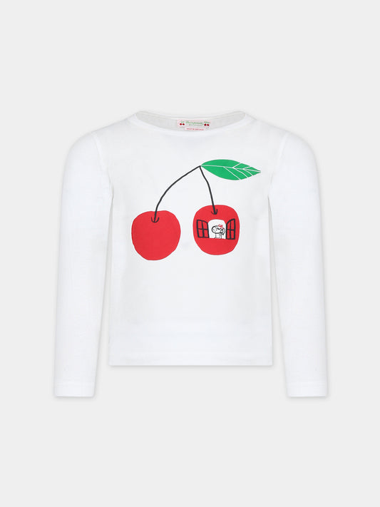 T-shirt bianca per bambina con ciliegie,Bonpoint,W03GTSK00018 102