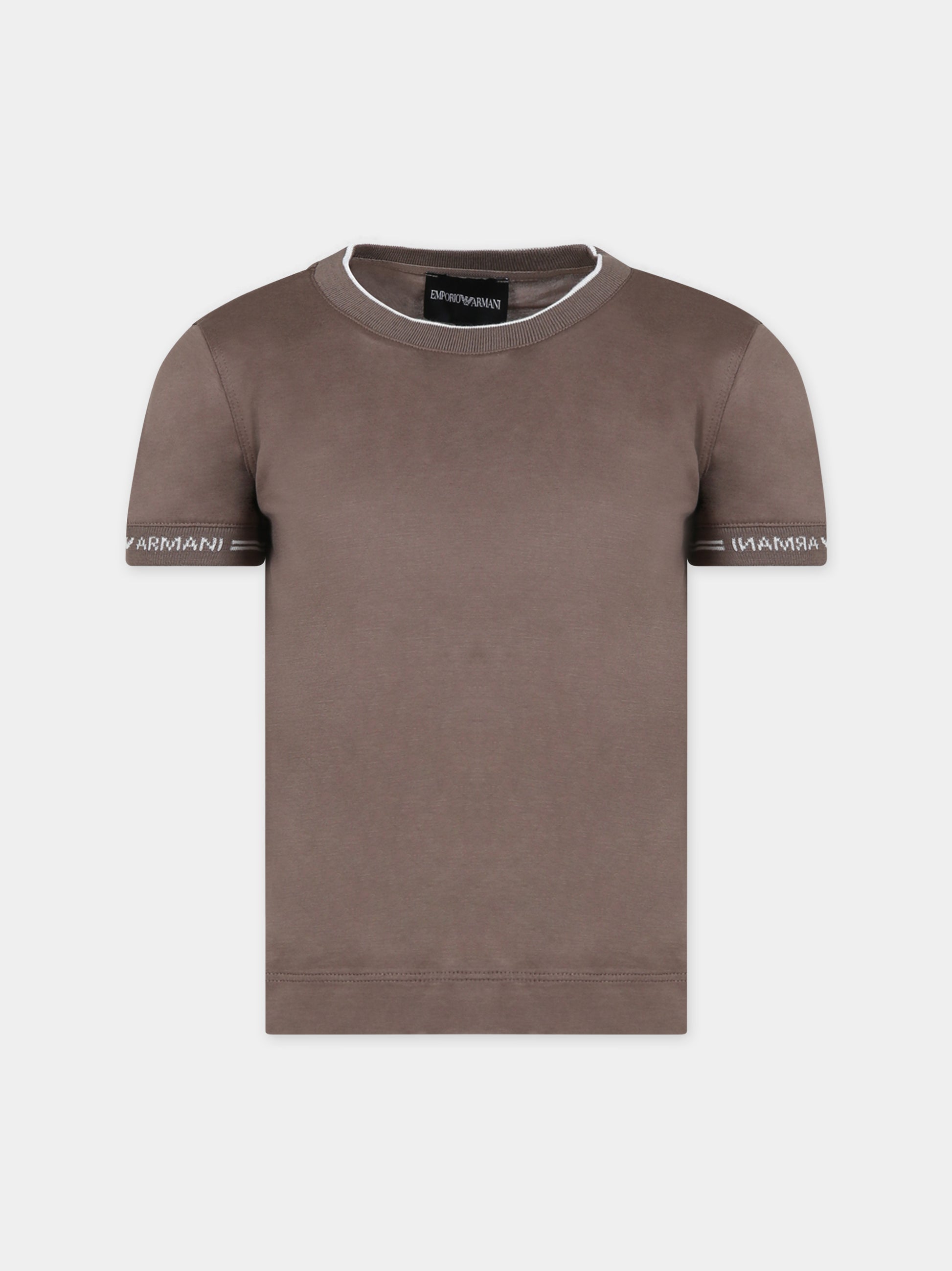 T-shirt marrone per bambino con aquilotto e logo,Armani Junior,6R4T87 1JUVZ 0488