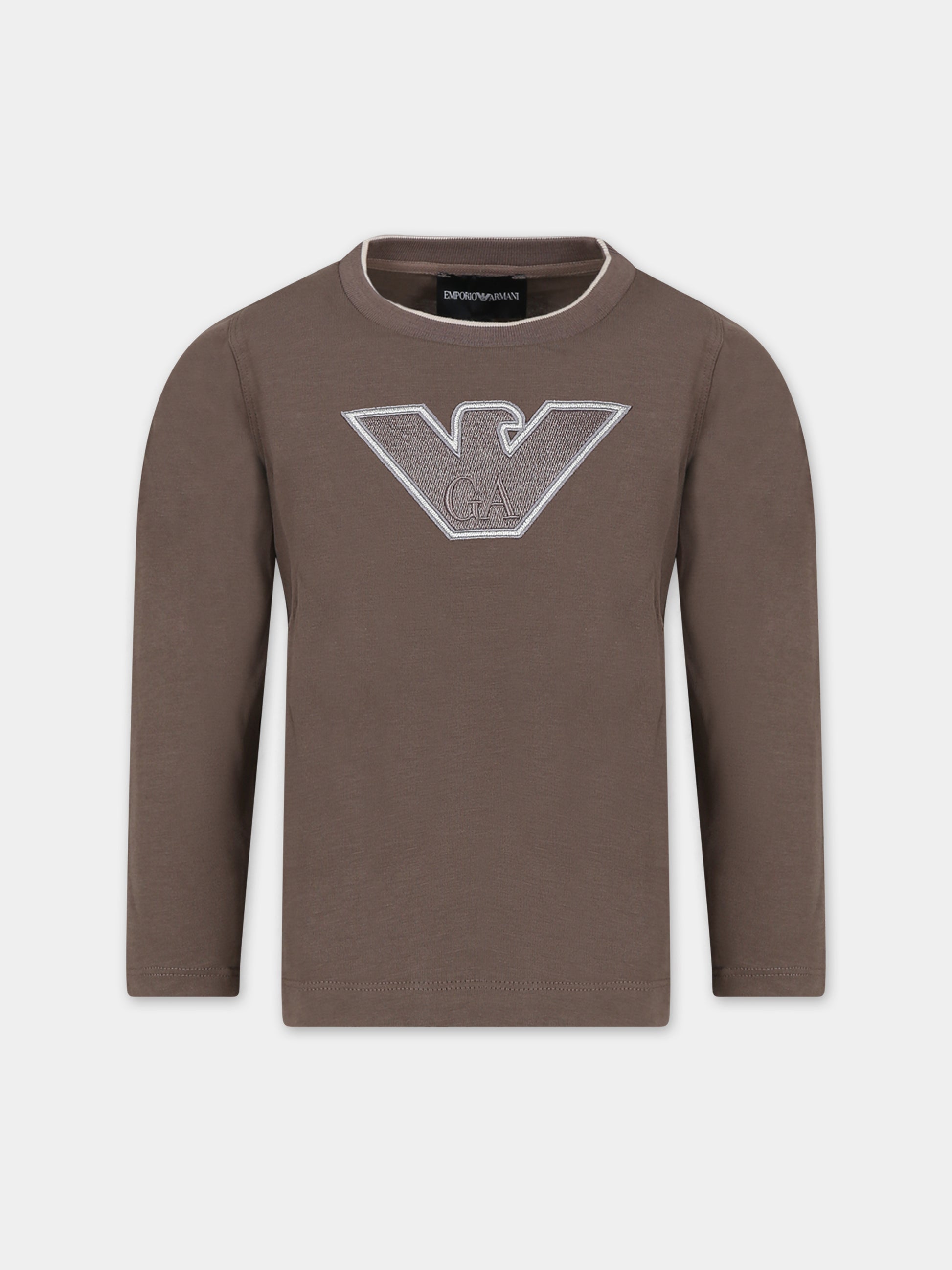 T-shirt marrone per bambino con aquilotto e logo,Armani Junior,6R4TJT 1JWZZ 0439