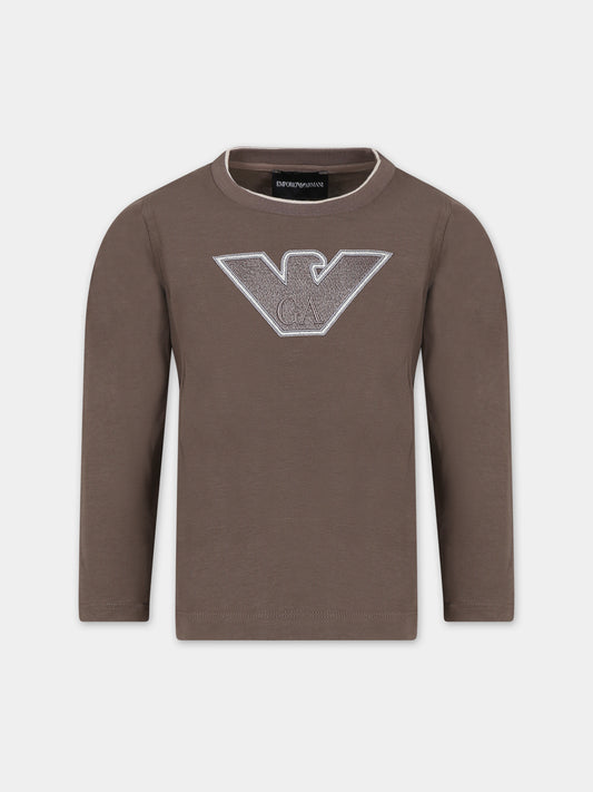 T-shirt marrone per bambino con aquilotto e logo,Armani Junior,6R4TJT 1JWZZ 0439