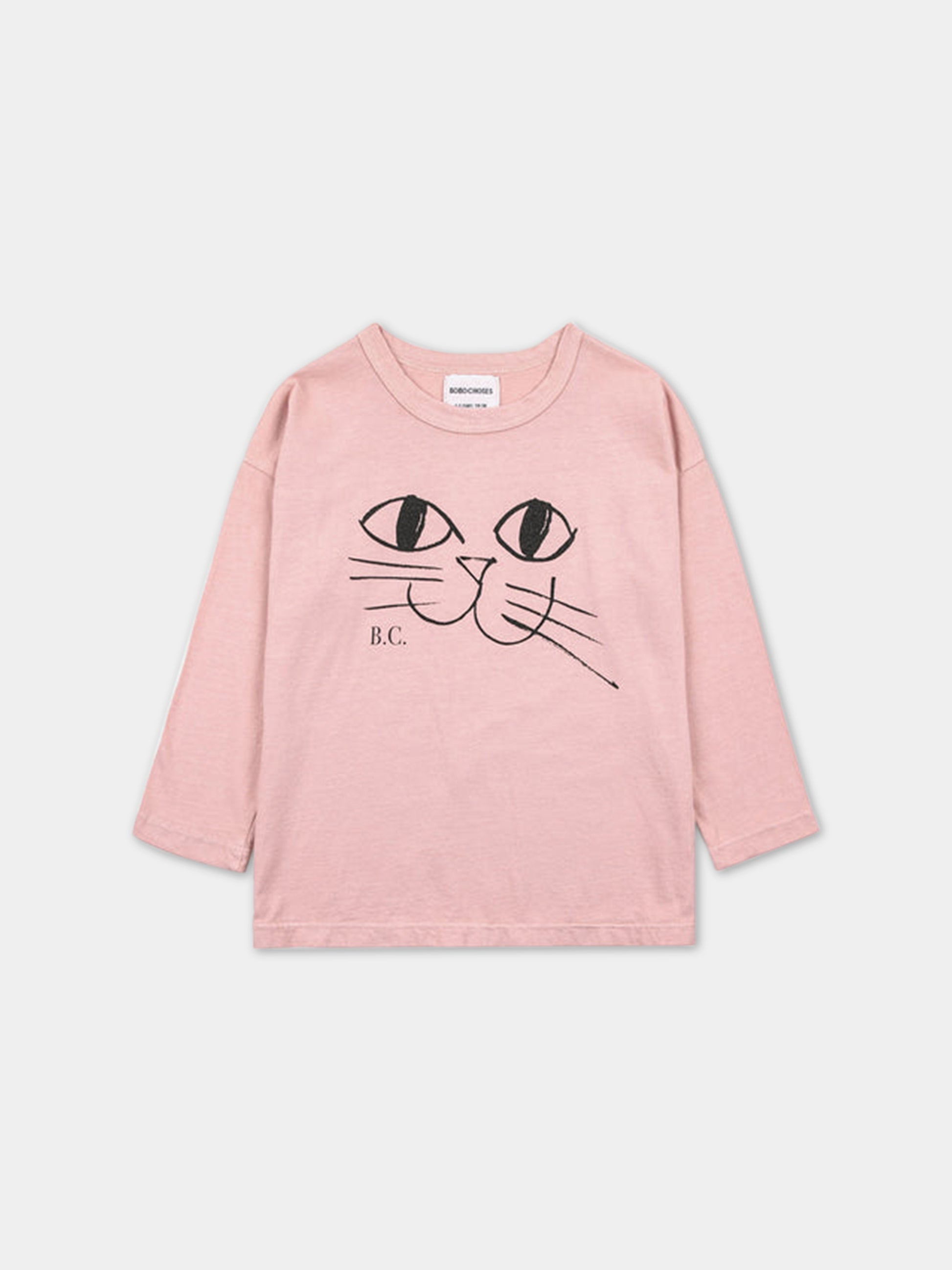 T-shirt rosa per bambina con stampa gatto e logo,Bobo Choses,223AC007