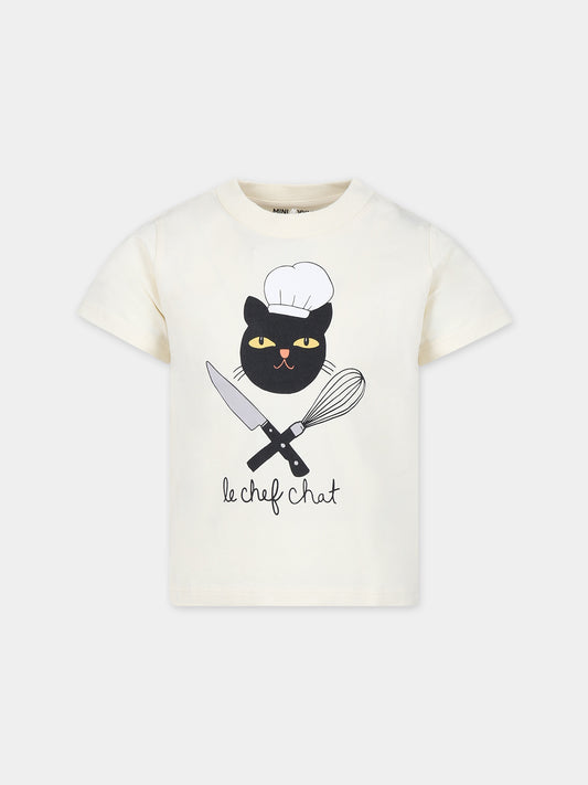 T-shirt avorio per bambini con stampa gatto chef,Mini Rodini,2372017311