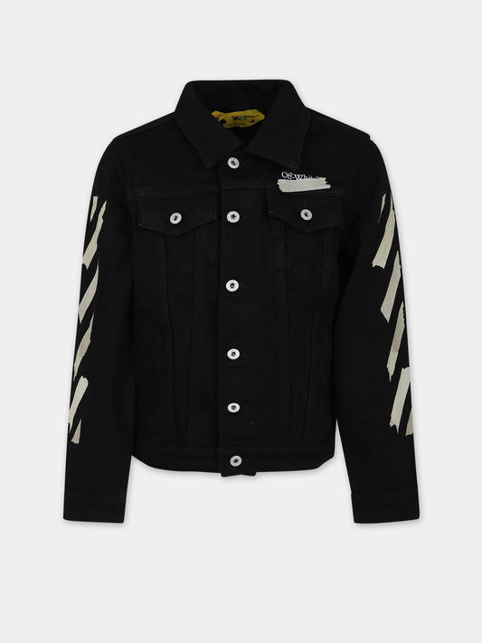 Giubboto denim di jeans nero per bambini con logo,Off White,OBYE001F23DEN0020701