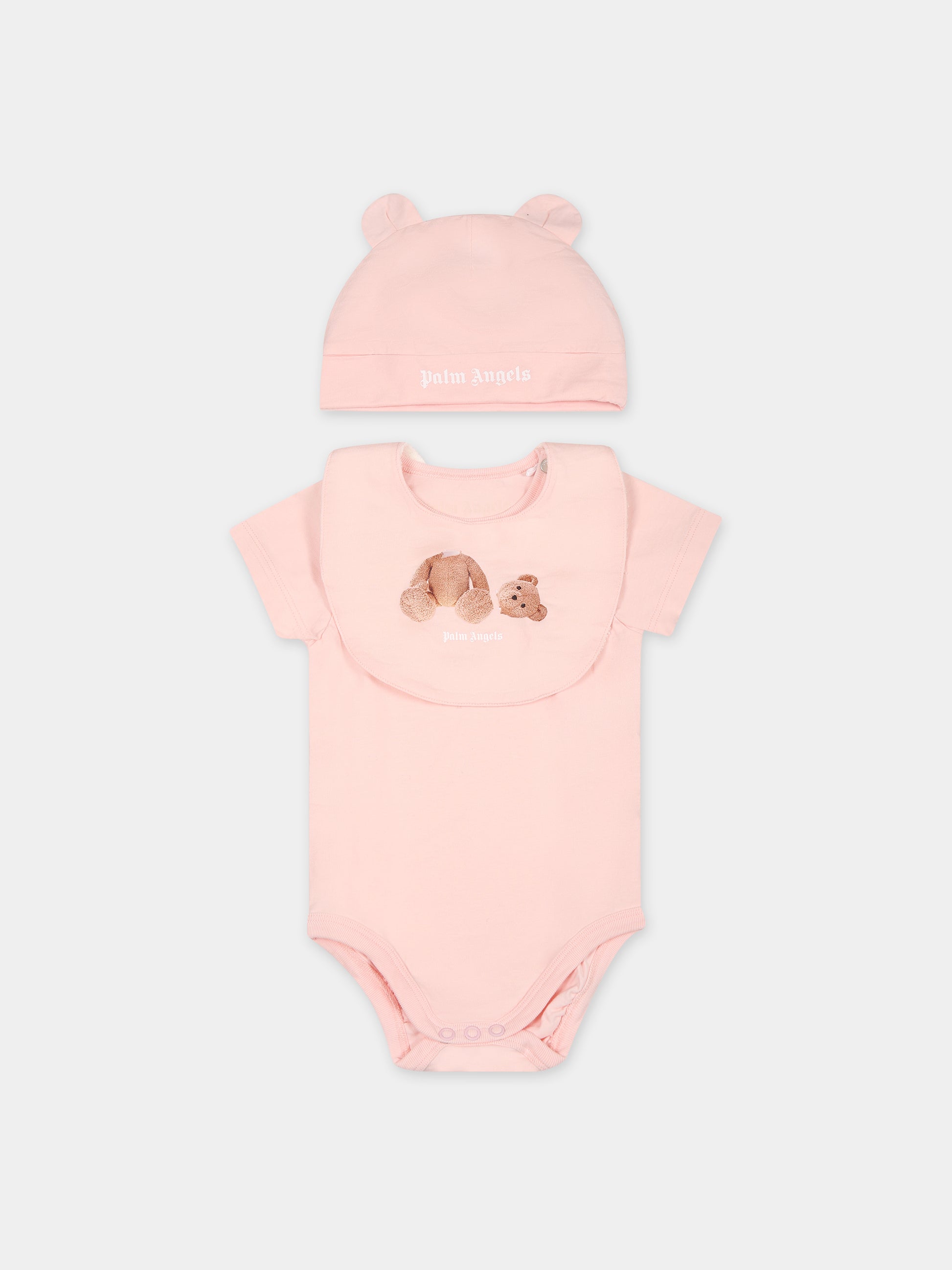 Set rosa per neonata con orso,Palm Angels,PG2X008F23JER0013360
