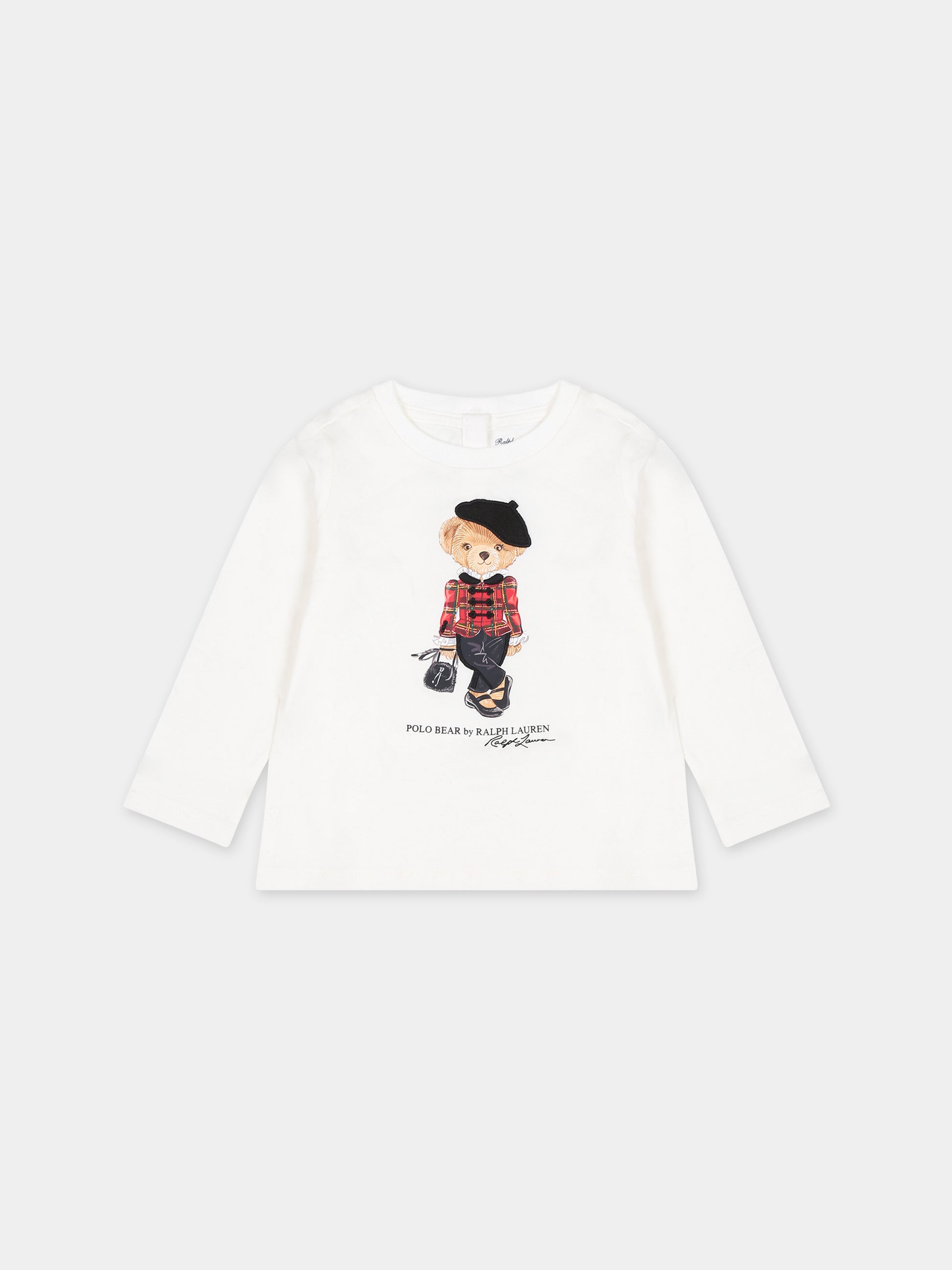 T-shirt avorio per neonata con orso e logo,Ralph Lauren Kids,920452001