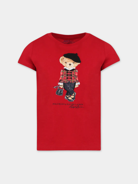 T-shirt rossa per bambina con orso e logo,Ralph Lauren Kids,920451001
