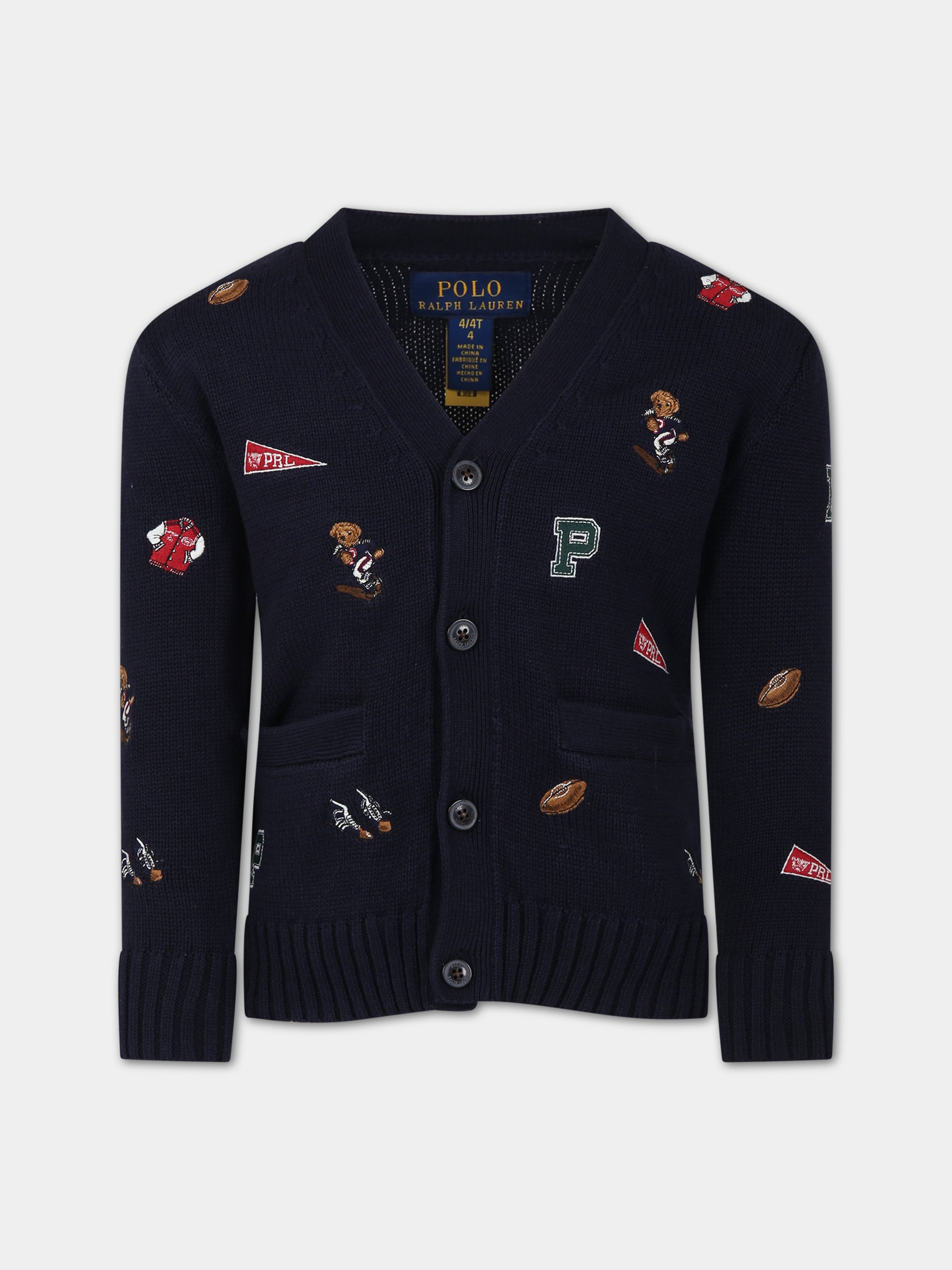 Cardigan blu per bambino con orso,Ralph Lauren Kids,918349001