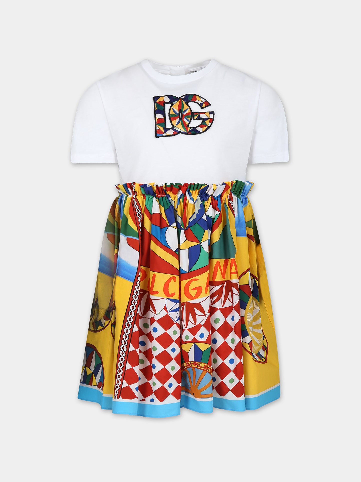 Vestito bianco per bambina con logo e stampa carretto,Dolce & Gabbana Kids,L5JD7B G7J9J HH4KV