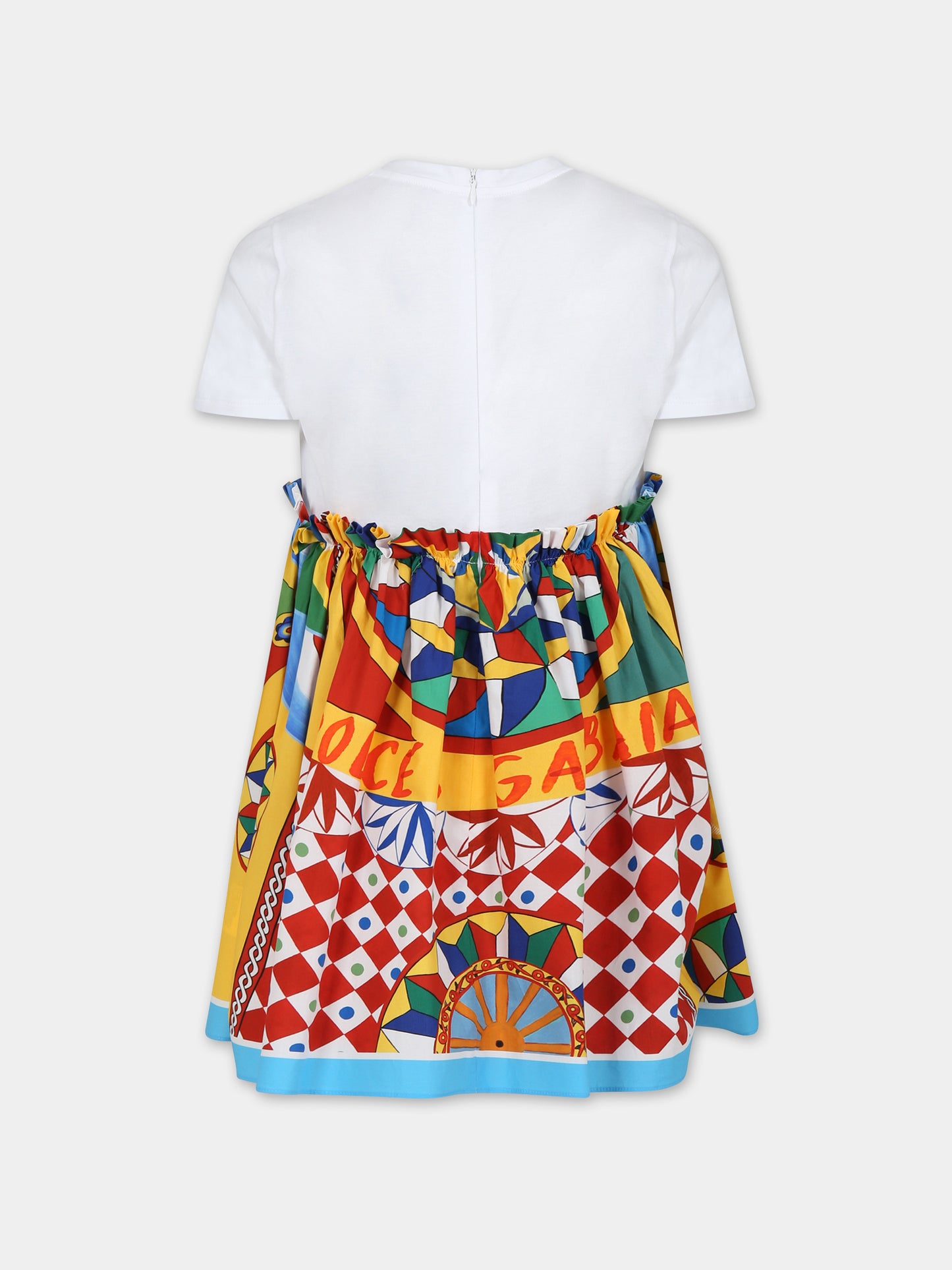 Vestito bianco per bambina con logo e stampa carretto,Dolce & Gabbana Kids,L5JD7B G7J9J HH4KV