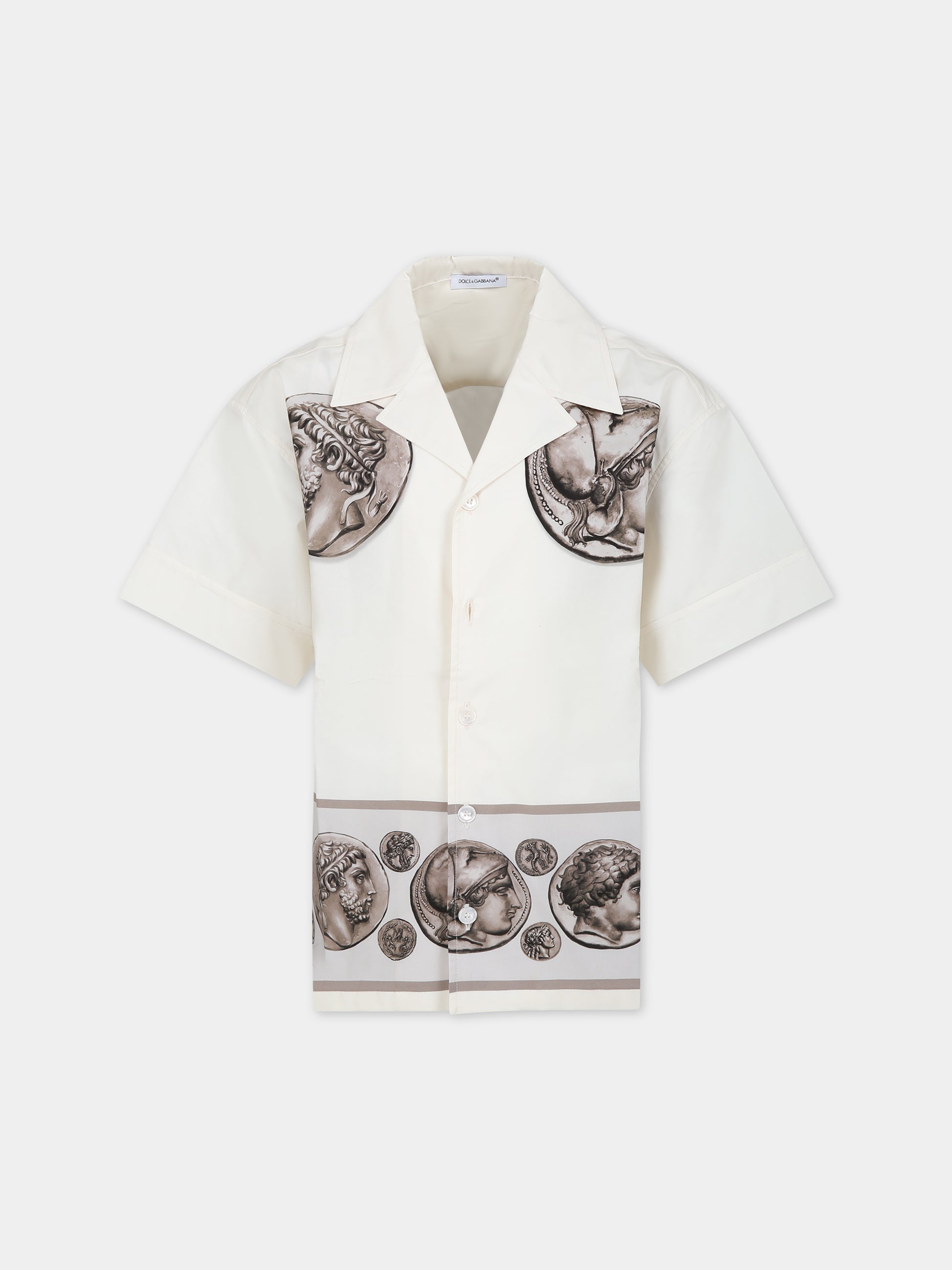 Camicia avorio per bambino con logo e stampa monete,Dolce & Gabbana Kids,L43S83 G7J4U HA4RJ
