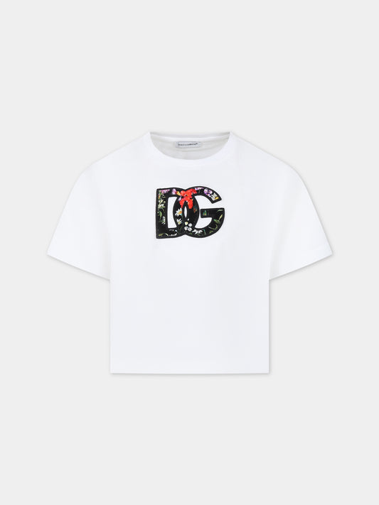 T-shirt bianca per bambina con logo,Dolce & Gabbana Kids,L5JTHW G7KC4 W0800