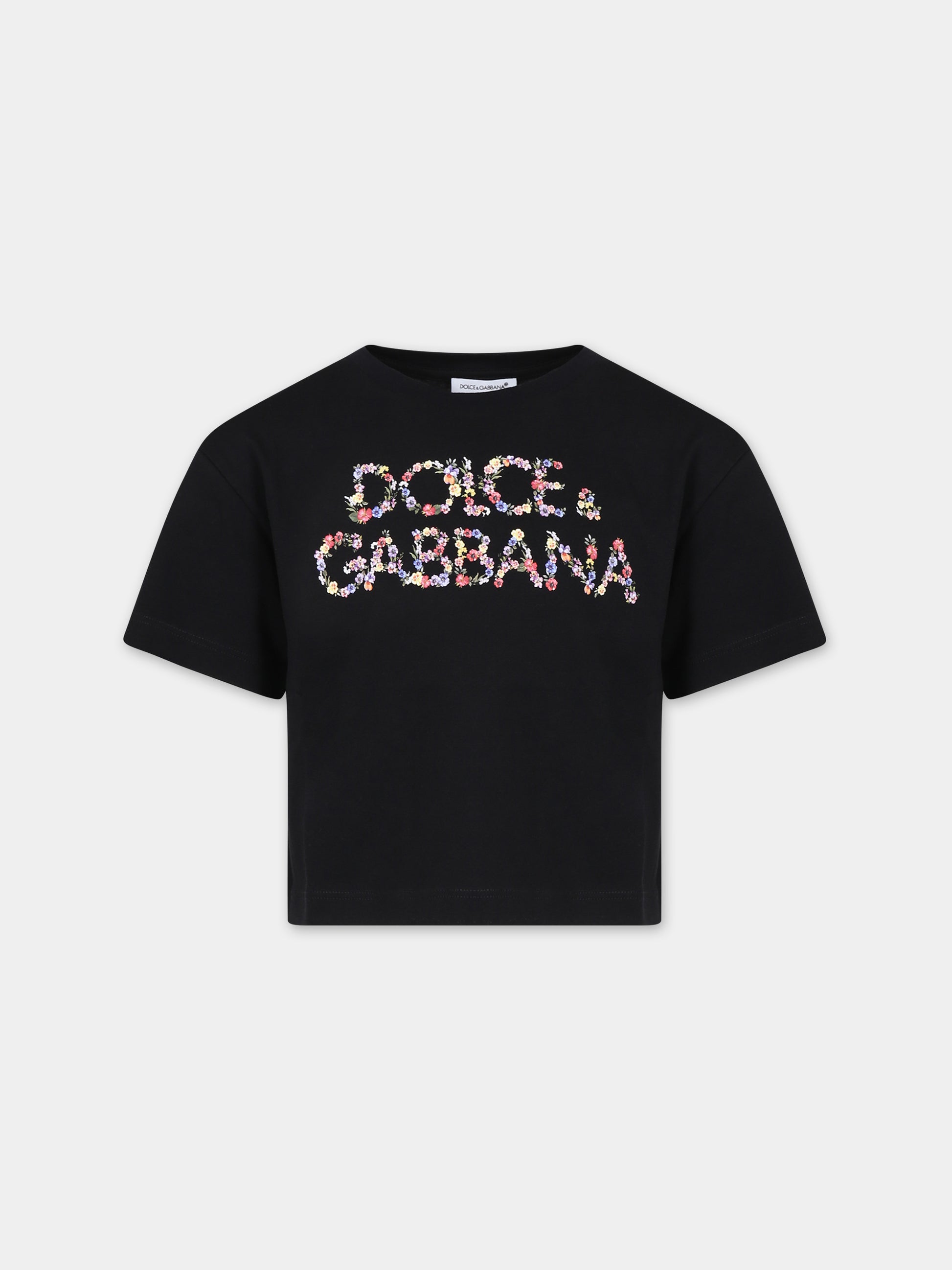 T-shirt nera per bambina con logo,Dolce & Gabbana Kids,L5JTHW G7KC5 N0000