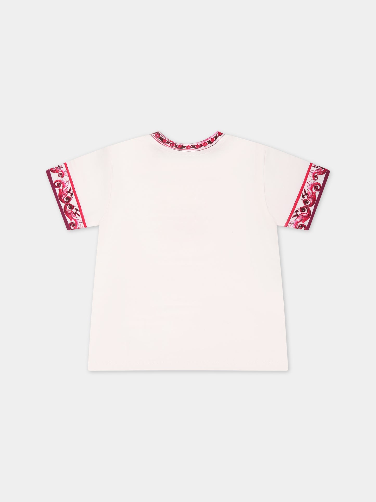 T-shirt bianca per neonata con logo e maioliche fucsia,Dolce & Gabbana Kids,L2JT9P G7J7O HE3TN