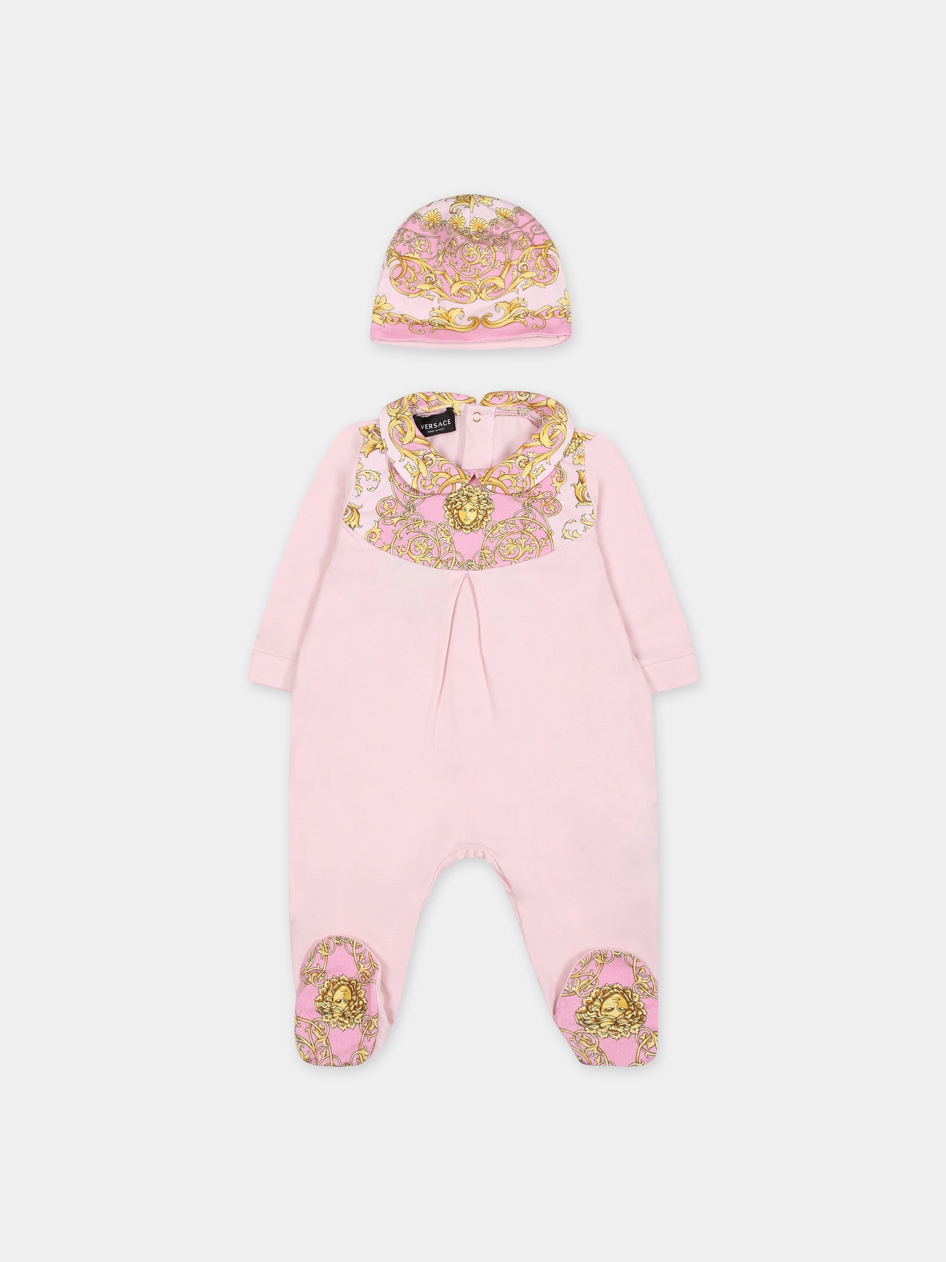 Set rosa per neonata con stampa barocco,Versace,1011060 1A08151 2P090