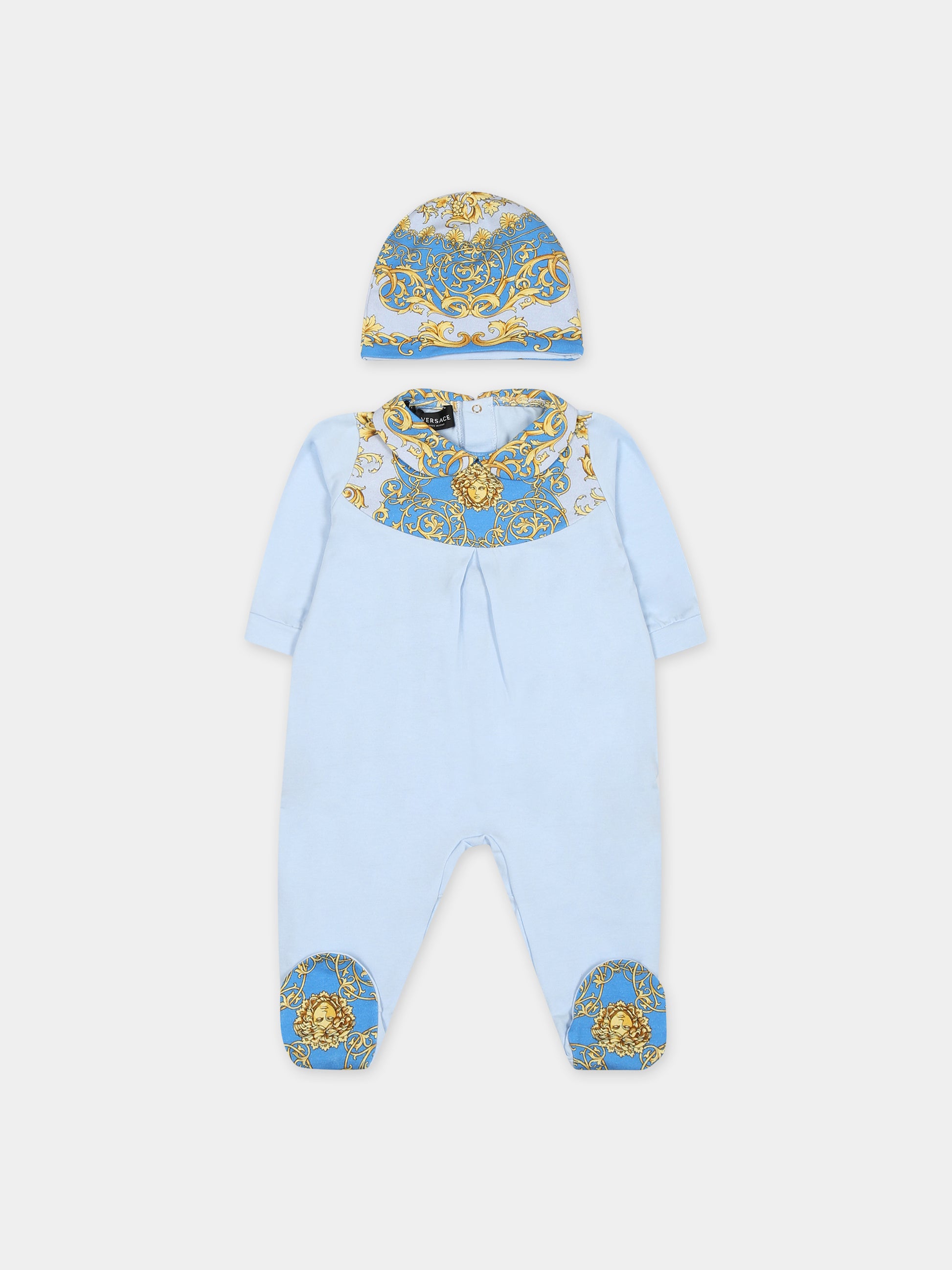 Set celeste per neonato con stampa barocco,Versace,1011060 1A08151 2V000