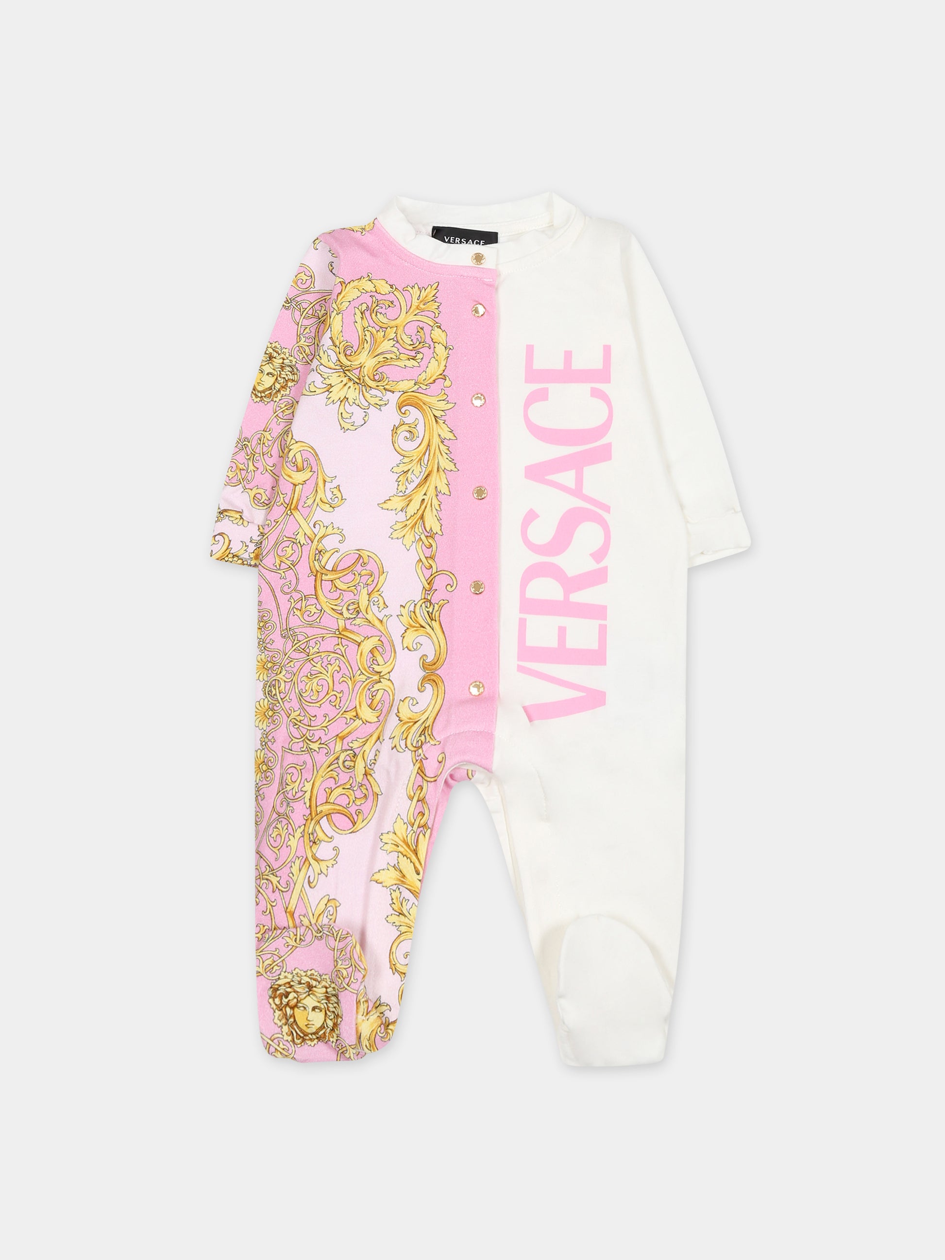 Tutina rosa per neonata con logo e stampa barocco,Versace,1000053 1A08086 6X480