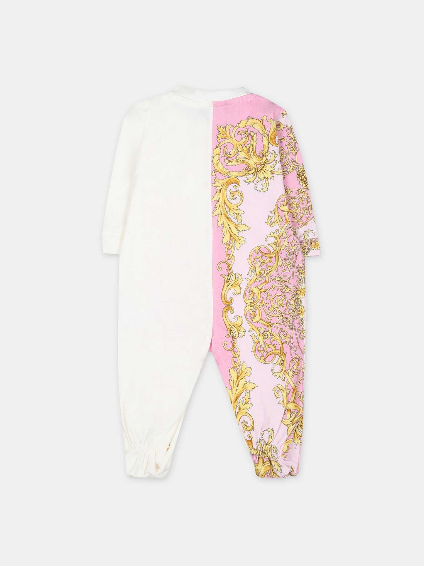 Tutina rosa per neonata con logo e stampa barocco,Versace,1000053 1A08086 6X480