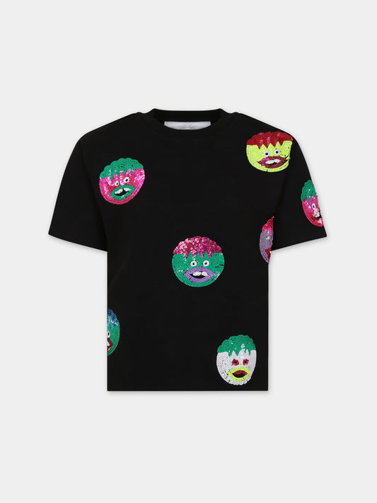 T-shirt nera per bamina con paillettes,Caroline Bosmans,AW23 1013 9000