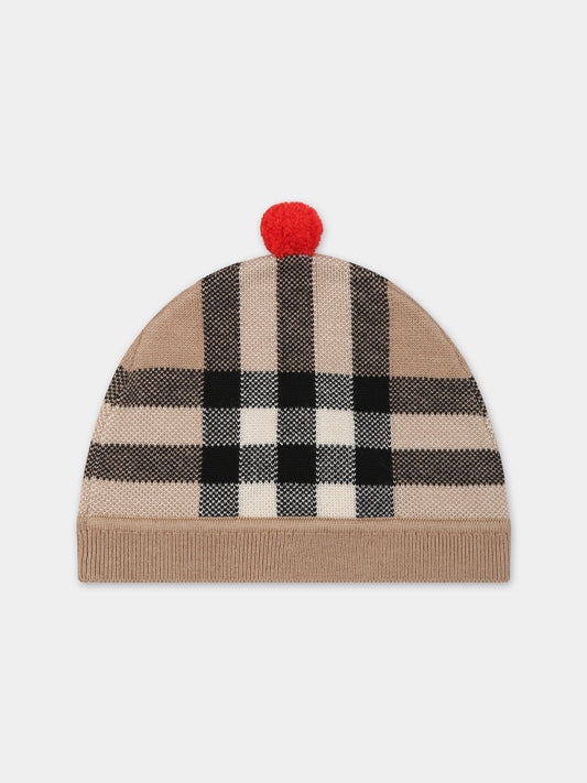 Berretto beige per neonato con check vintage,Burberry Kids,8068581