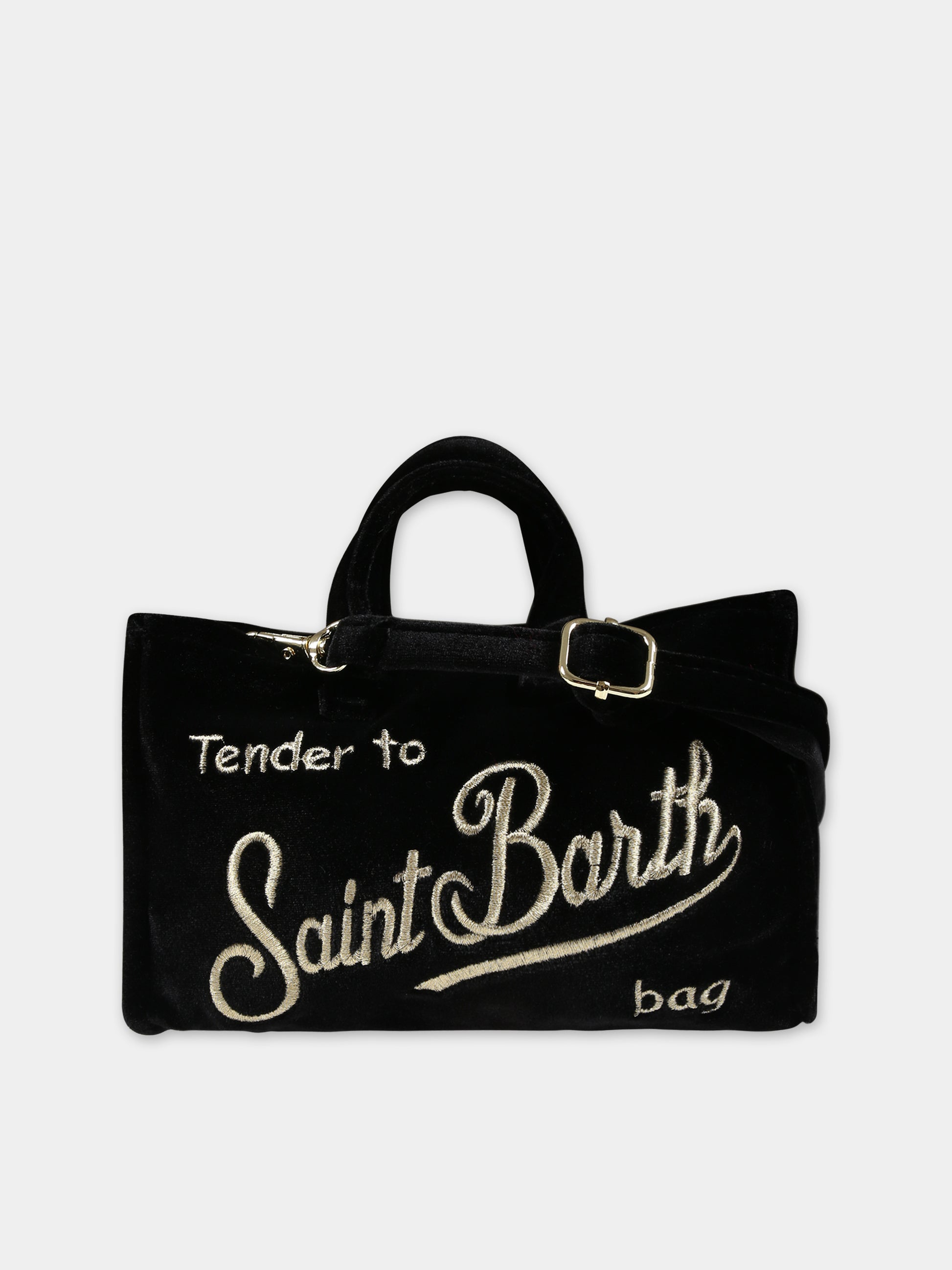 Borsa porta cellulare nera per bambina con logo,Mc2 Saint Barth,PHONE BAG VELVET 00 EMB