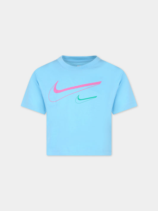 T-shirt celeste per bambina con swoosh,Nike,36L670 BJB