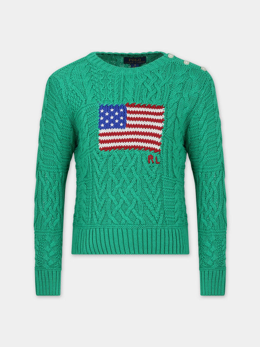 Maglione verde per bambina con iconica bandiera,Ralph Lauren Kids,925459001