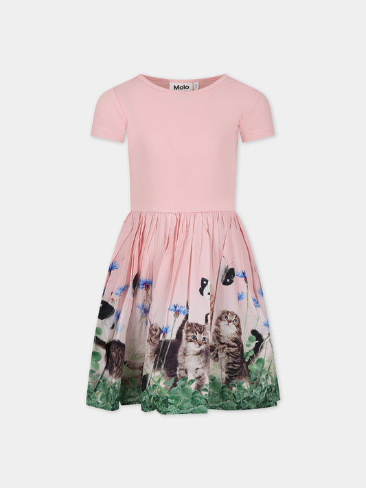 Vestito rosa per bambina con stampa gatti,Molo,2S24E125 3566