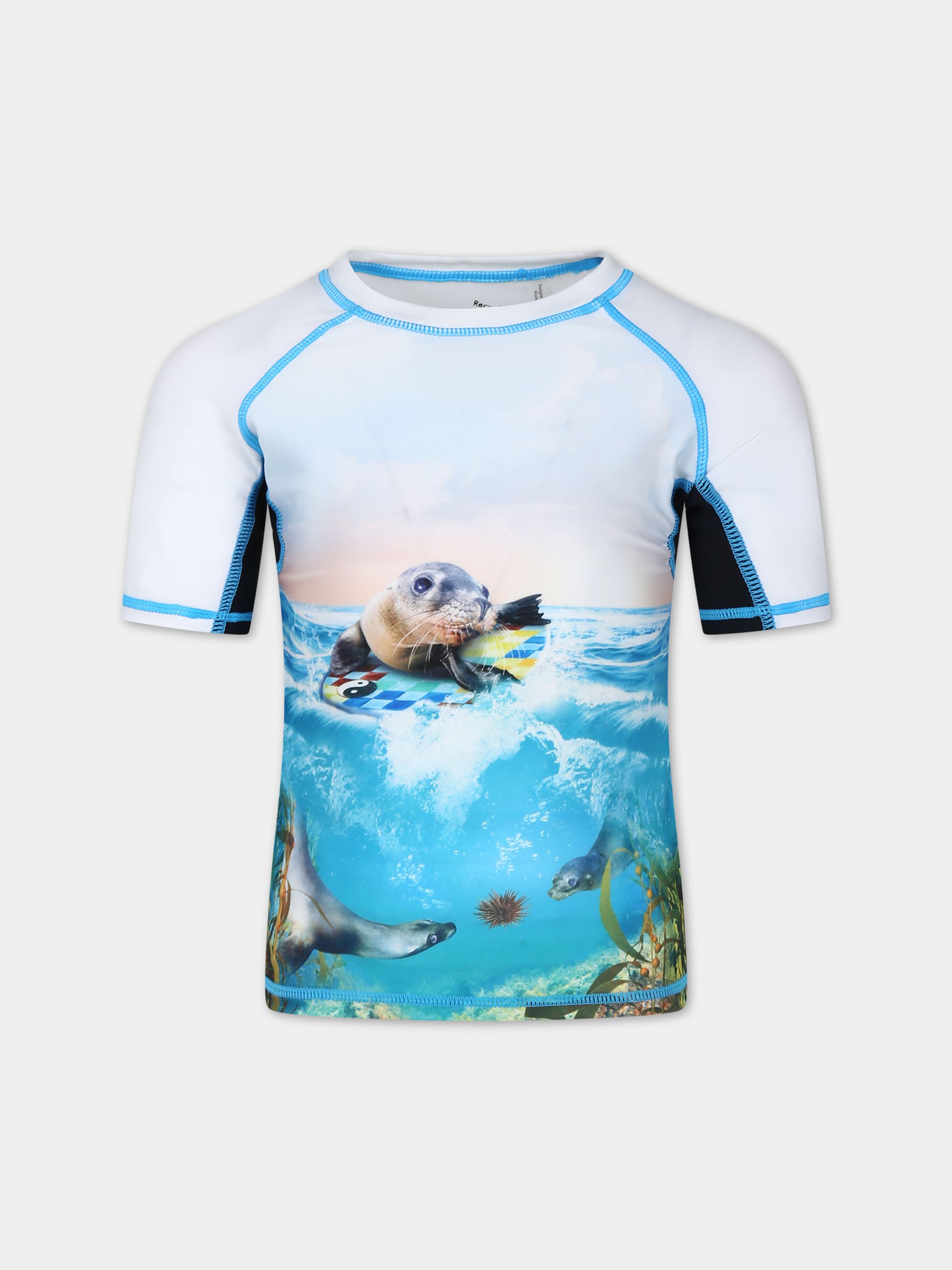 T-shirt celeste anti UV per bambino con stampa foche,Molo,8S24P203 3427