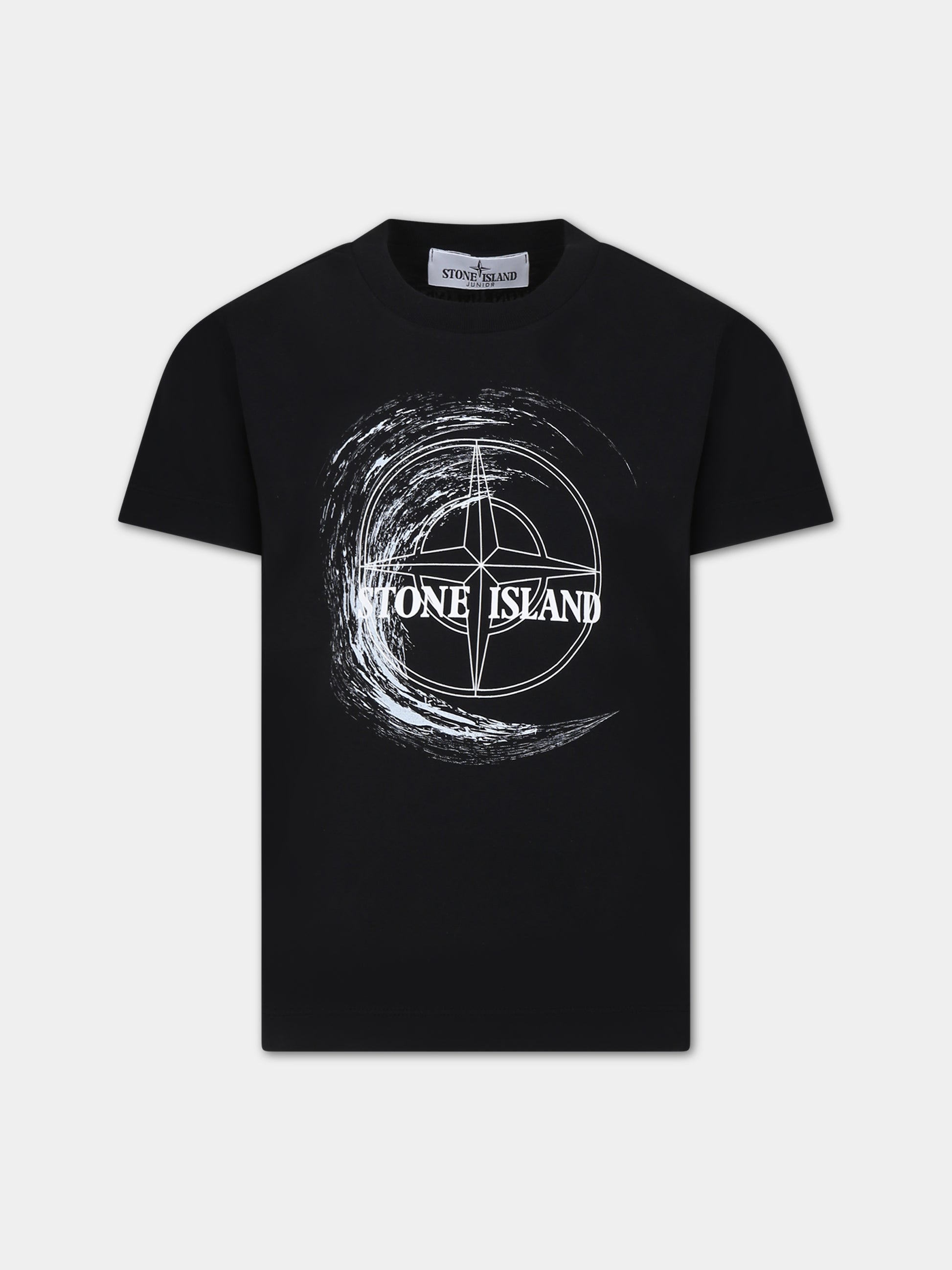 T-shirt nera per bambino con stampa e logo,Stone Island Junior,801621072 V0029