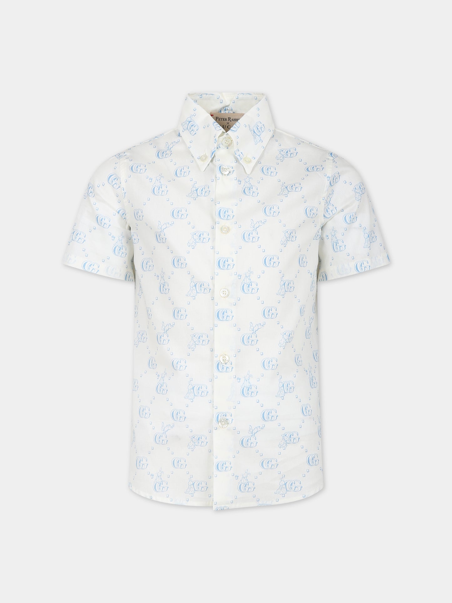 Camicia per bambino con logo celeste e coniglio all-over,Gucci Kids,770571 XWA0R 9183