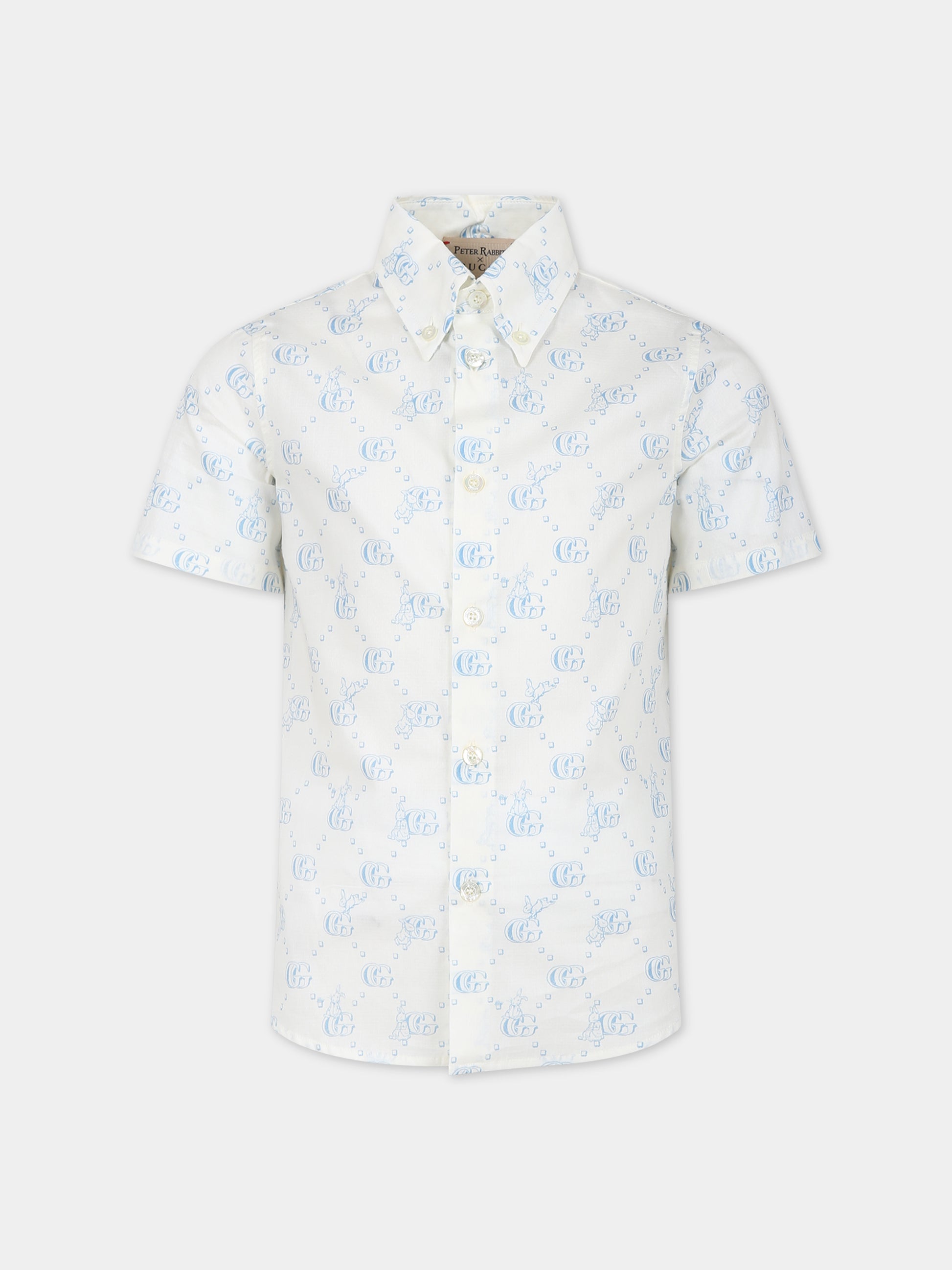 Camicia per bambino con logo celeste e coniglio all-over,Gucci Kids,770571 XWA0R 9183