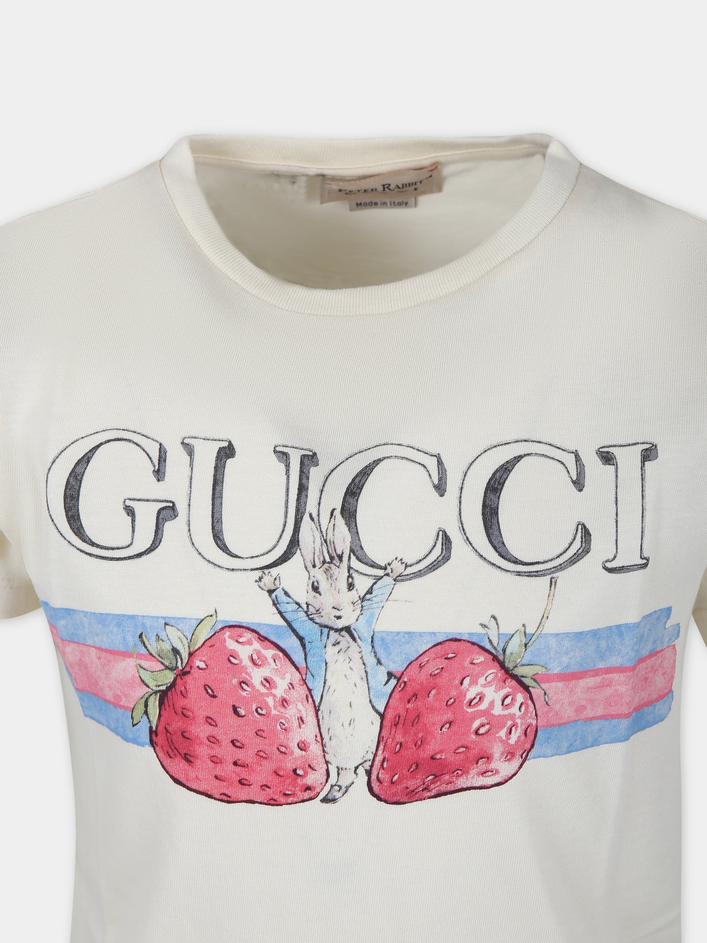 T-shirt avorio per bambina con fragole e Peter Rabbit,Gucci Kids,610190 XJF9G 9398